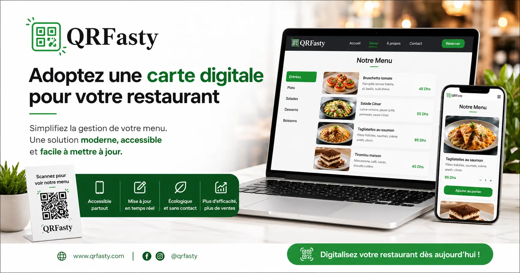 plateforme QRFasty affichant une carte digitale professionnelle sur ordinateur et smartphone